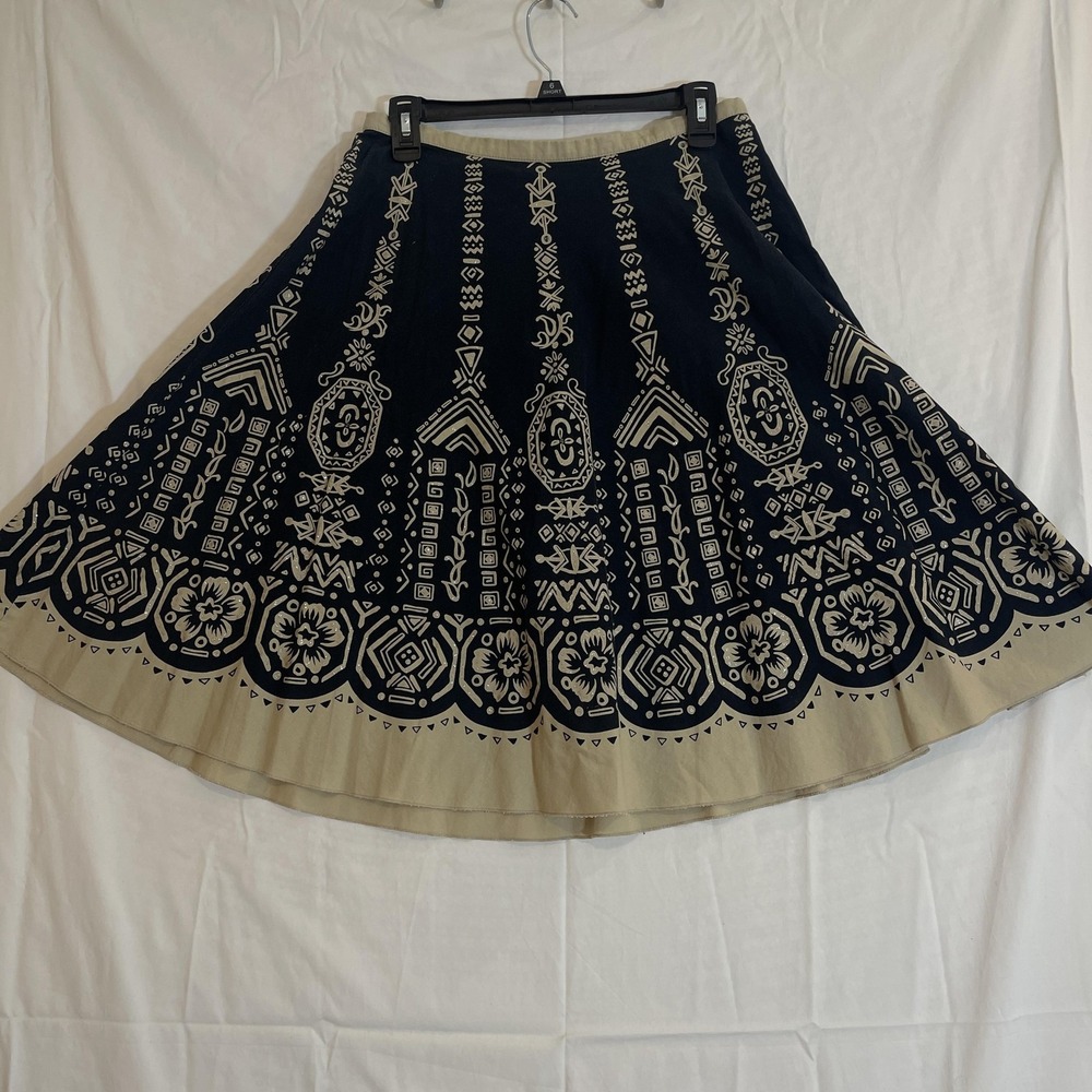 Cato Skirt Womens 8 Black Tan Geometric Tribal Print Flare Boho Cotton Lined